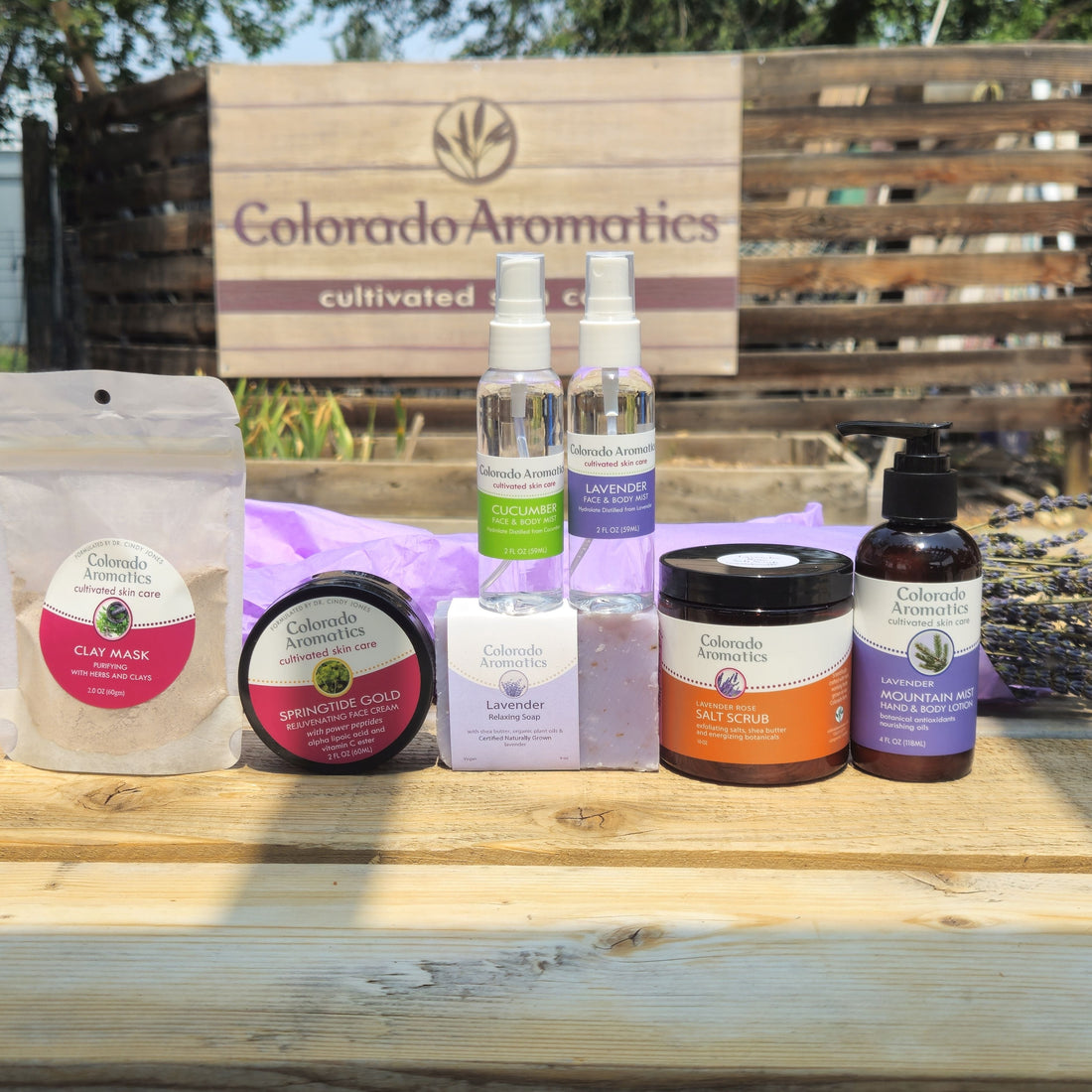 Colorado Bathroom Spa Products on a wooden table.